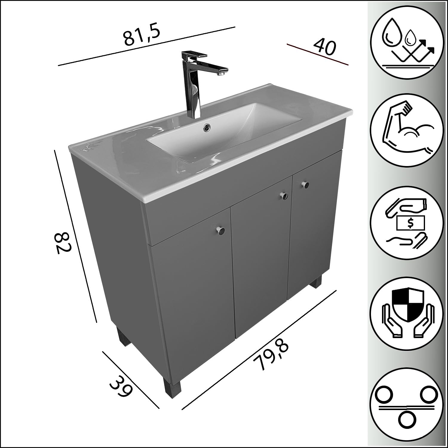 Szafka pod umywalkę 80 cm szerokość | Szafka łazienkowa IGA Sink | Zestaw mebli łazienkowych do łazienki i toalety dla gości | Umywalka z szafką stojąca | Szafka pod umywalkę szara