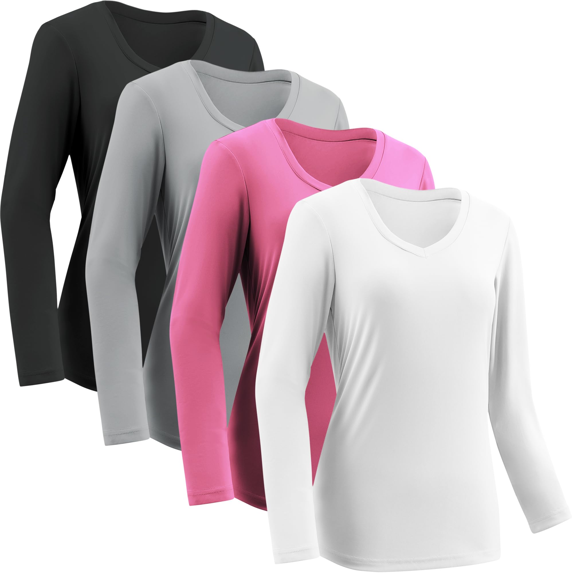 Camisetas de manga larga para mujer, con protección solar, atléticas, para correr, yoga, Paquete de 4 negro, blanco, gris claro, rojo rosa, X-Small