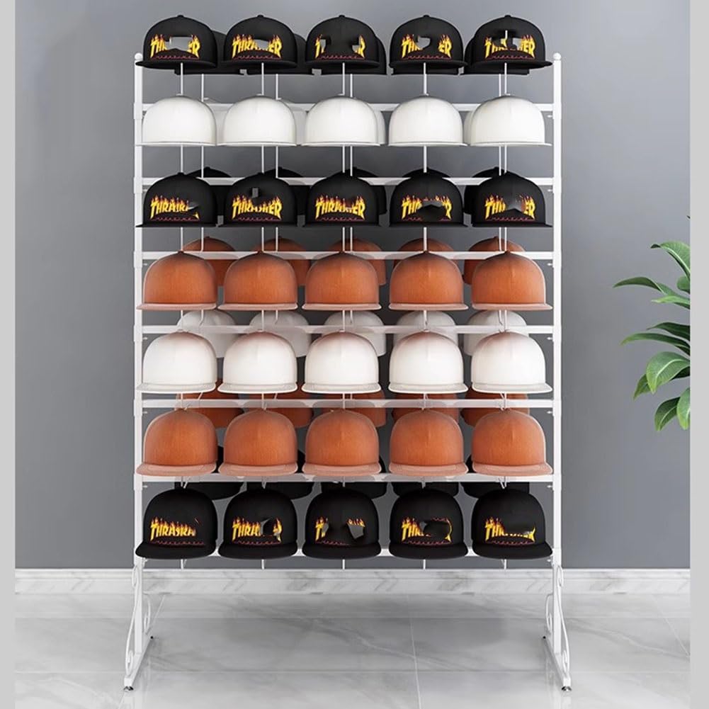 OLSKFUH Freestanding Hat Rack Stand With Storage Hangers For 60 Hats Commercial Retail Display Rack For Helmets Wigs And More,White-60 hats