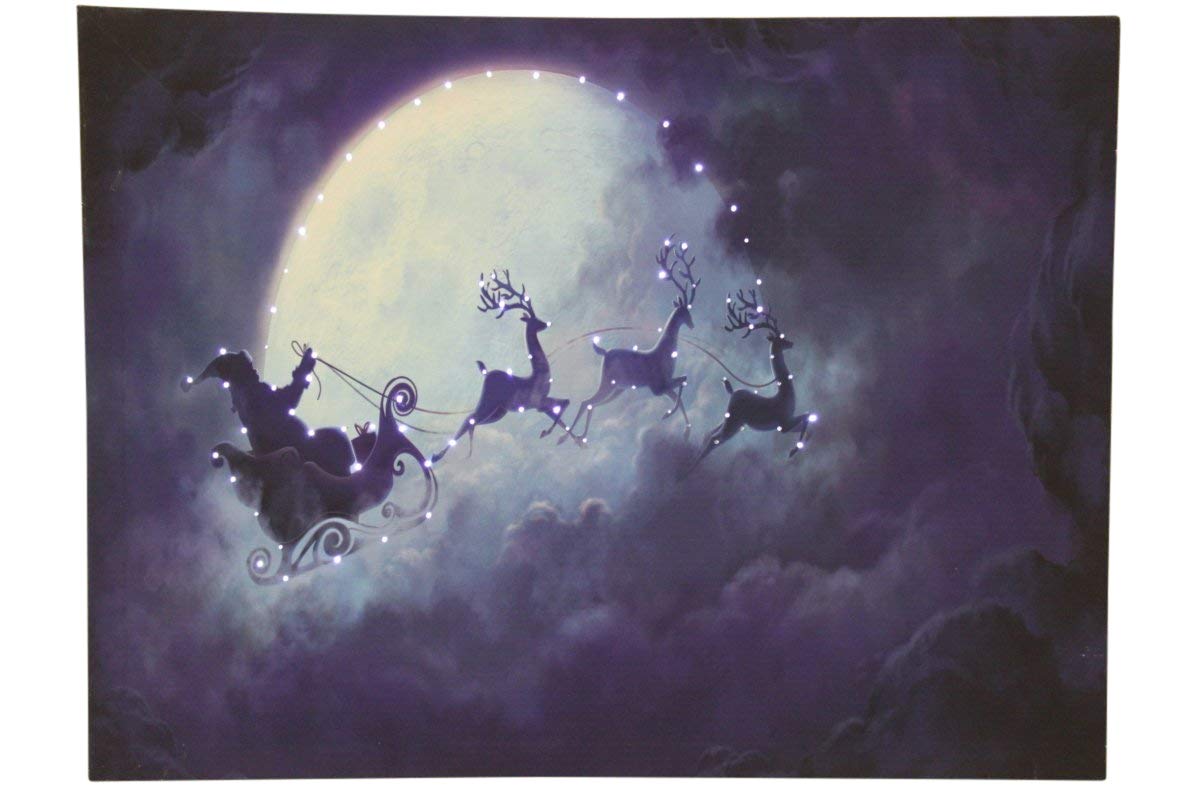 Garden Market Place Purple Christmas Santa Sleigh Scene Canvas Picture Print With Led Lights