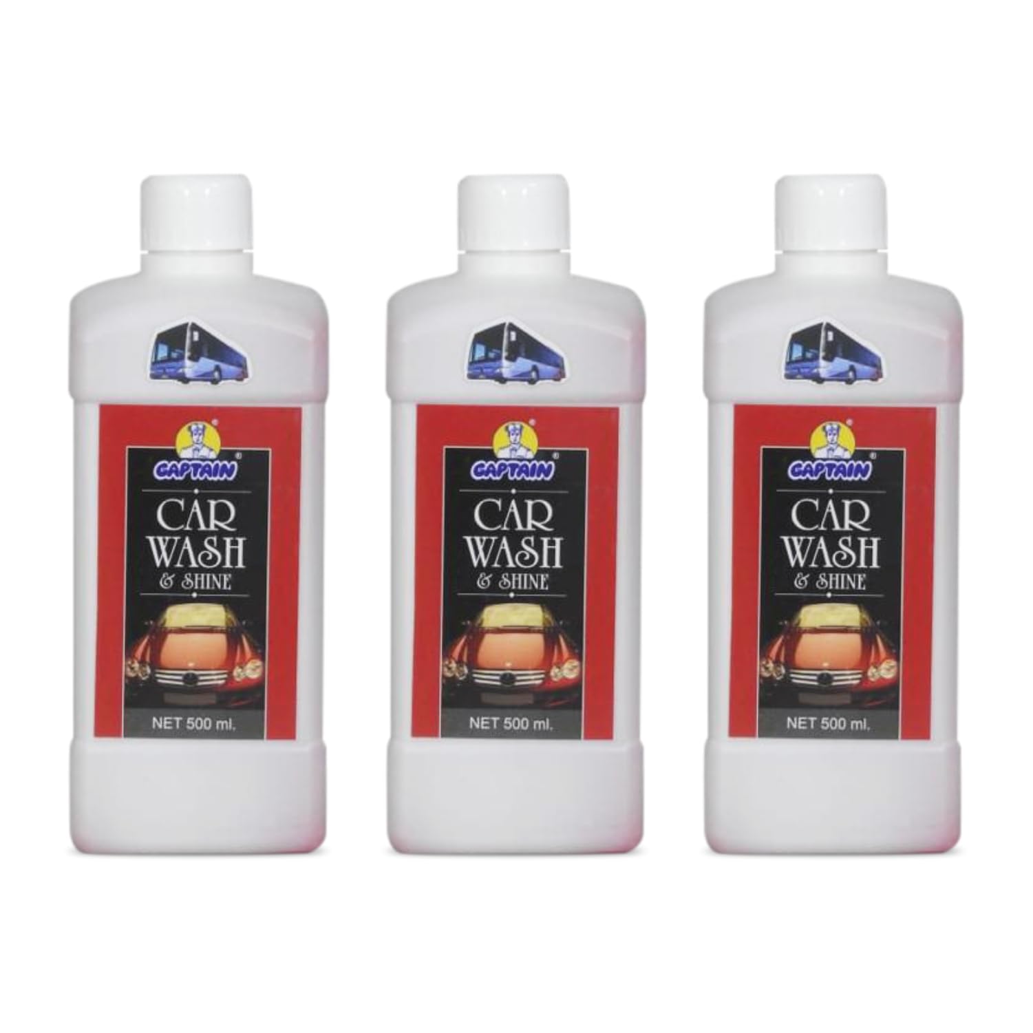Captain Car Wash & Shine Shampoo 500 ml (Pack of 3) Concentrate Liquid | Removes Tough Stains, Cleans and Shines Cars | Remove Tough Dirt | Safe on Paint | Long lasting Gloss