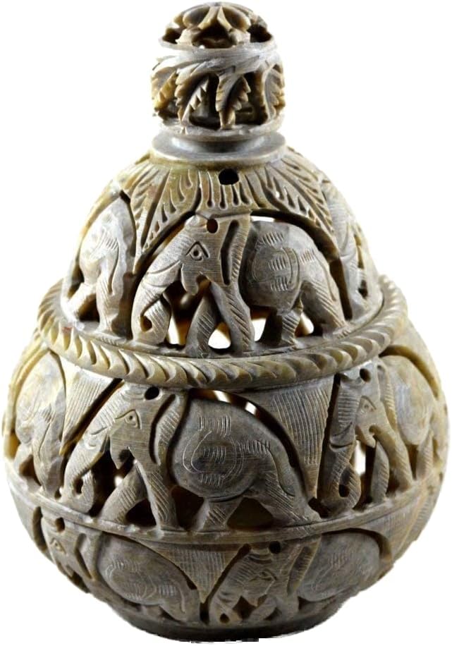 Varmohey Royal Handicrafts Handcrafted Soapstone Tea Light Holder and Potpourri Box with Elephant Carving
