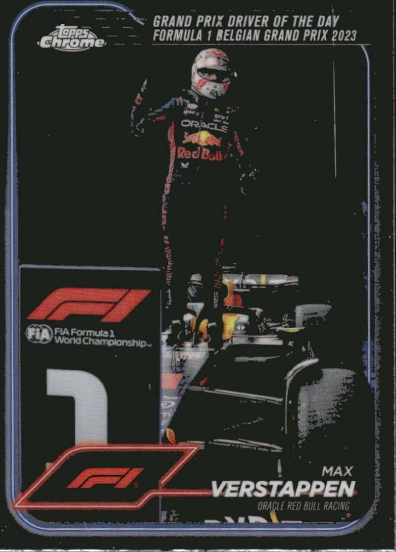 Back of the 2024 Topps Chrome Formula 1 #170 Max Verstappen card, showing race details and copyright information.