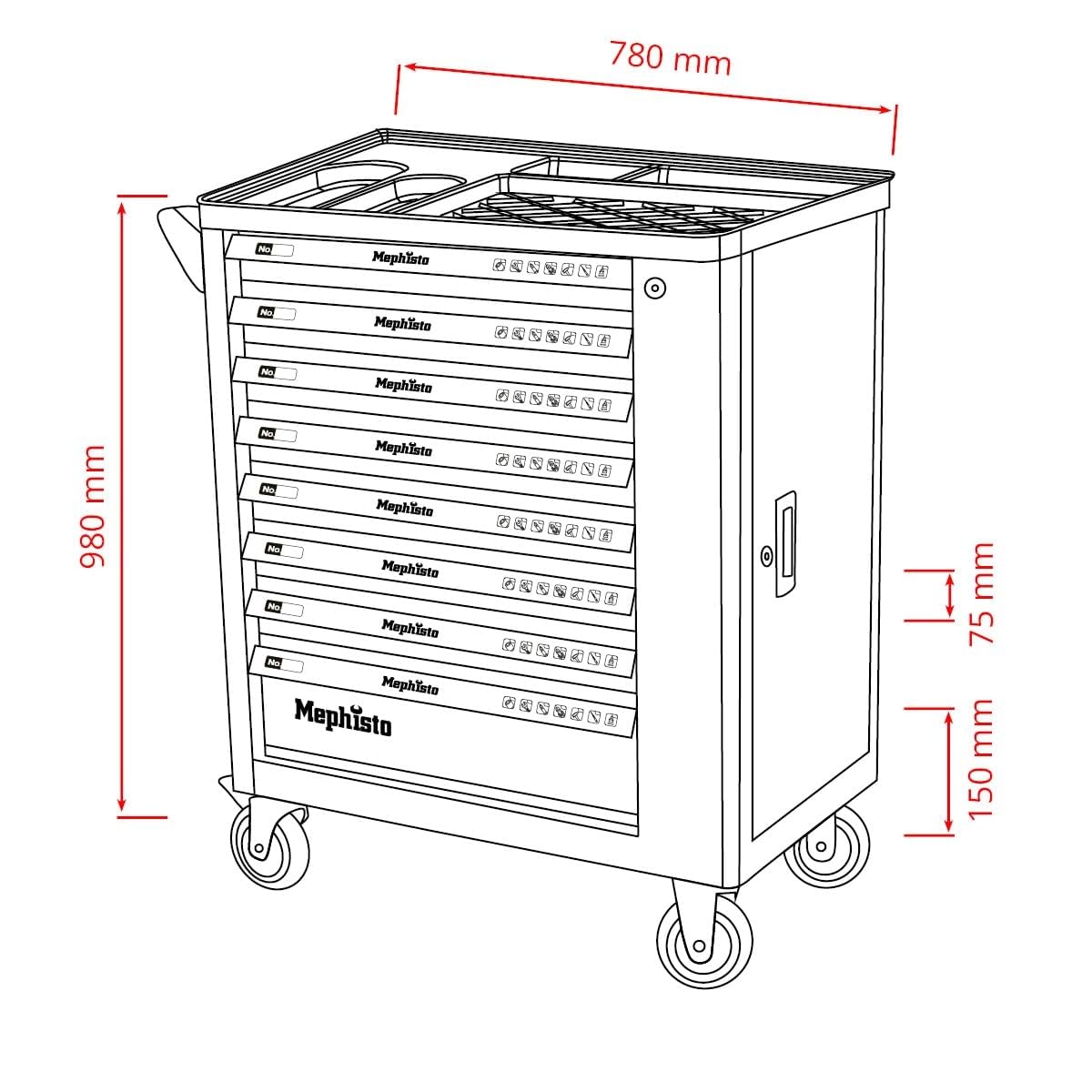 Mephisto Servante d'atelier Chariot à Outils Chariot à Outils avec 8 tiroirs sans Outils Contenu
