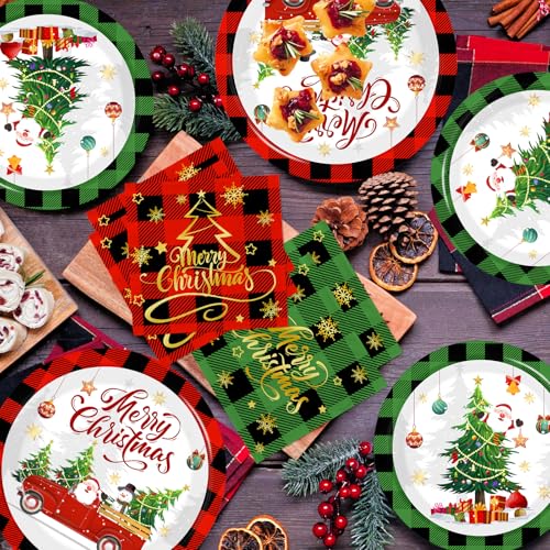 Christmas Paper Plates and Napkins,Red Green Buffalo Plaid Christmas Paper Dinnerware Xmas Tree Santa Claus Plates and Napkin Cups for Winter Themed Xmas Holiday Supplies – Image 6