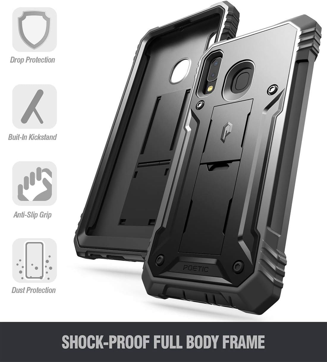 Poetic Galaxy A20 Rugged Case with Kickstand, Galaxy A30 Case, Full-Body Dual-Layer Shockproof Protective Cover, Built-in-Screen Protector, Revolution,Defender Case for Samsung Galaxy A20 /A30, Black