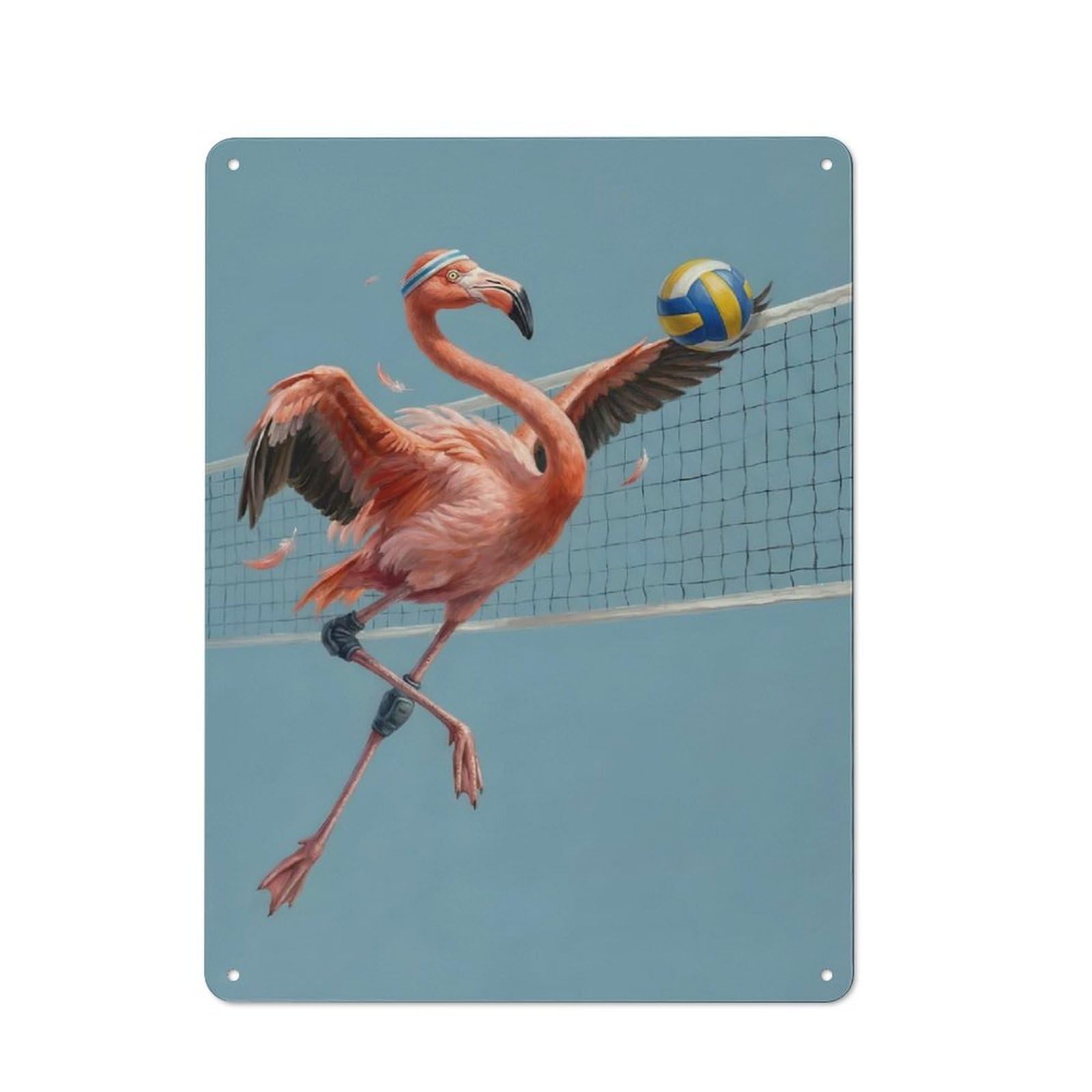 Industrial Flamingo Playing Volleyball Retro Metal Sign 40x30cm, Shed Wall Plaque for Garage, Workshop, Shed Or Utility Room