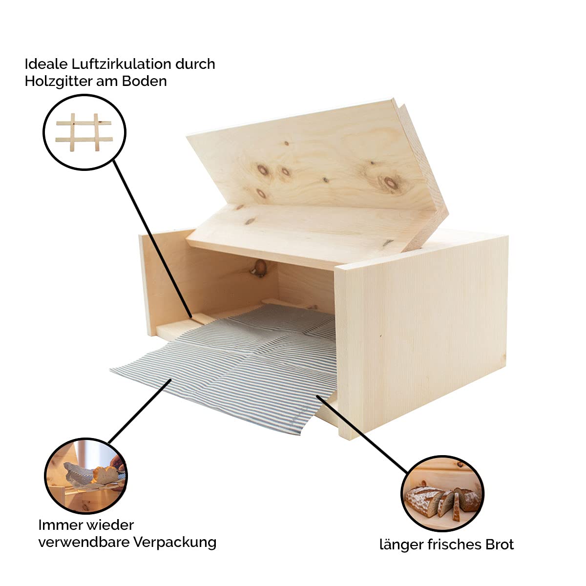 Brotkasten aus Zirbenholz mit Gitter und Bienenwachstuch, 45x16x25 cm | Handgefertigte Brotdose aus Naturholz, Made in Austria