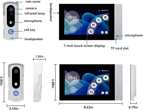 2-Wire Video Intercom System with 7 Touch Monitor, IC Card Unlock, Tuya App Remote Access, Door Lock Control, HD Night Vision, No Monthly Fee