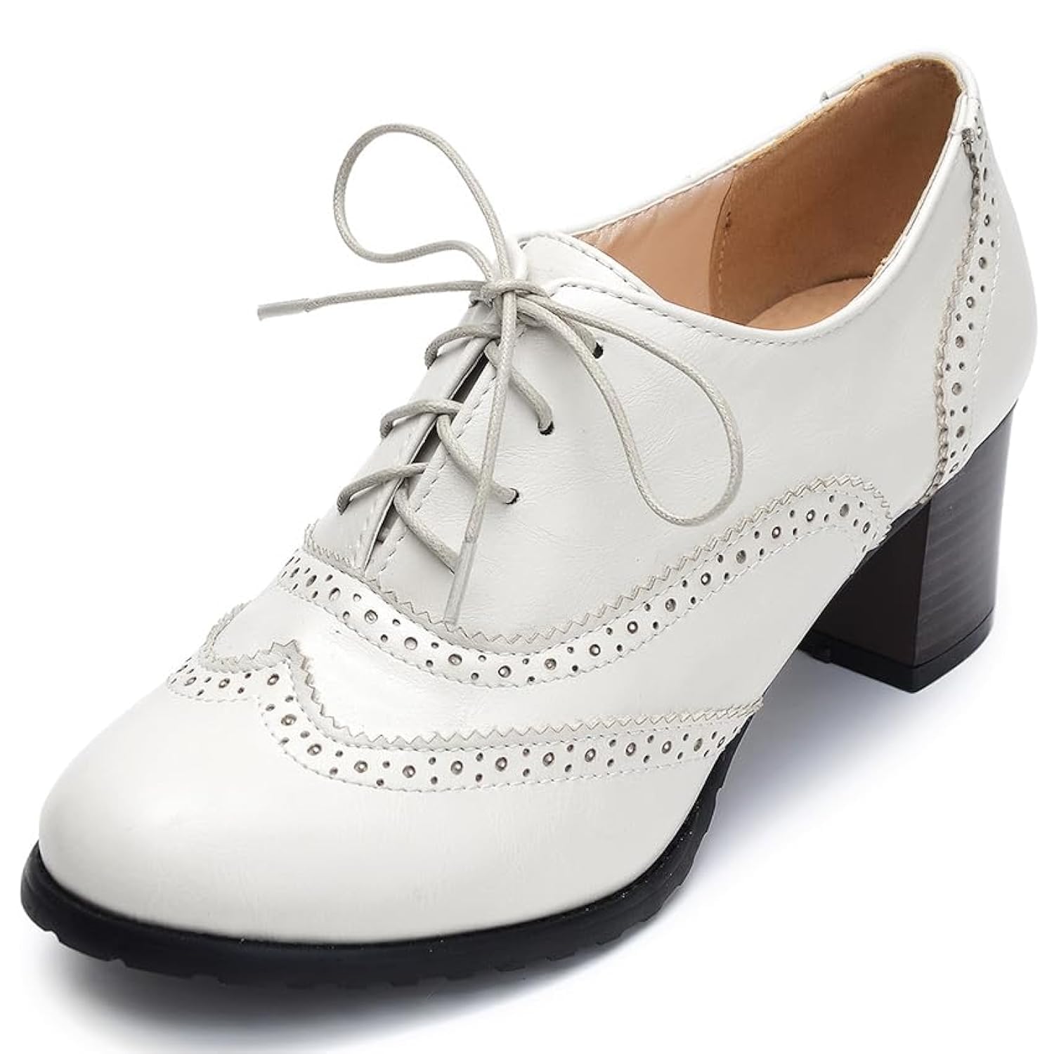 Odema Womens PU Leather Oxfords Wingtip Lace up Mid Heel Pumps Shoes