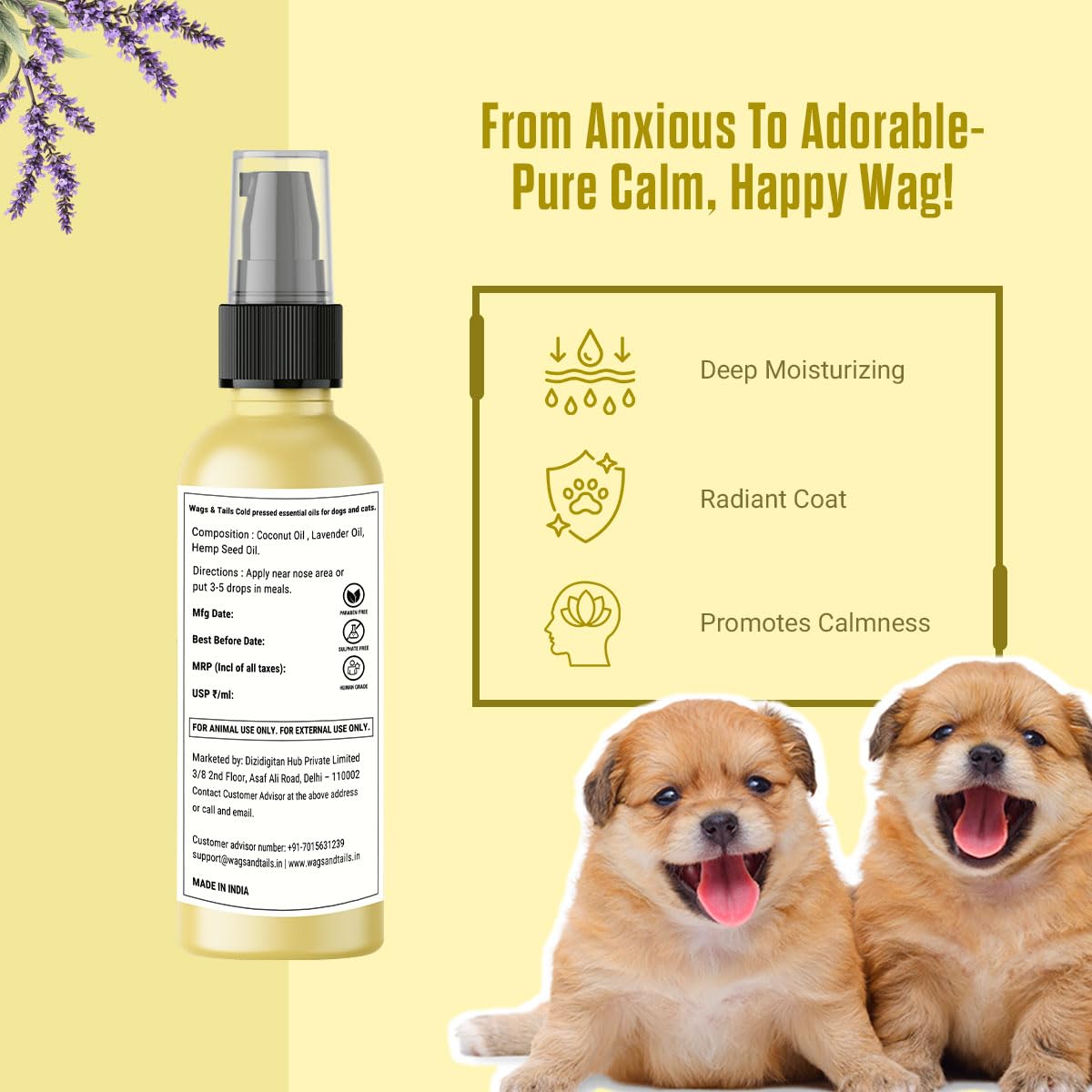 Wags & Tails Calming Oil for Dogs & Cats |Cold Pressed Hempseed, Lavender & Coconut Oil | Promotes Restful Sleep, Soothes Hyperactivity & Aggression |Fast Relief for Anxious Pets 2