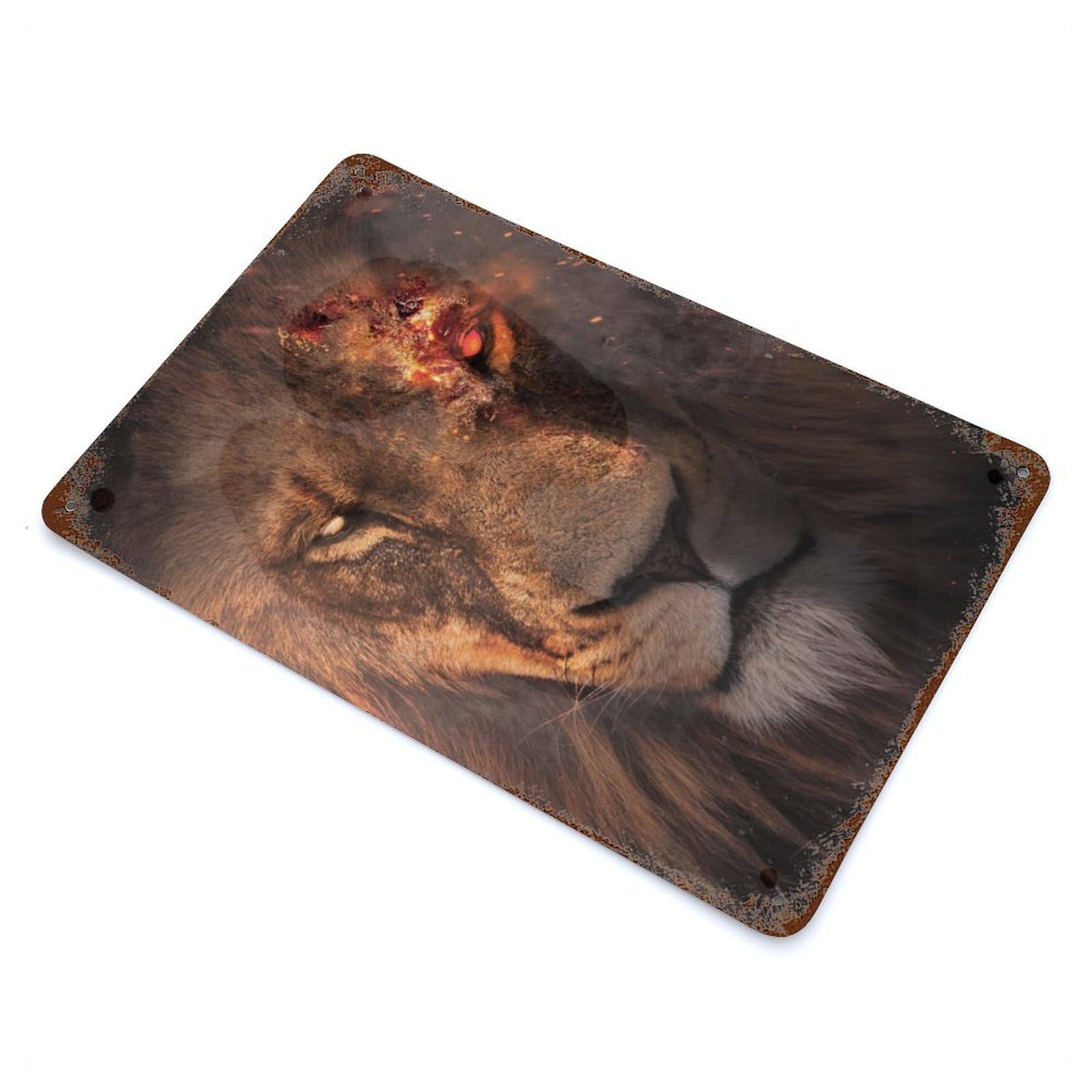 Aged Metal Wall Plaque with Terminator Lion Design 11.8"x7.9", for Basement, Hobby Room And Garage Decor, Farmhouse Wall Decor