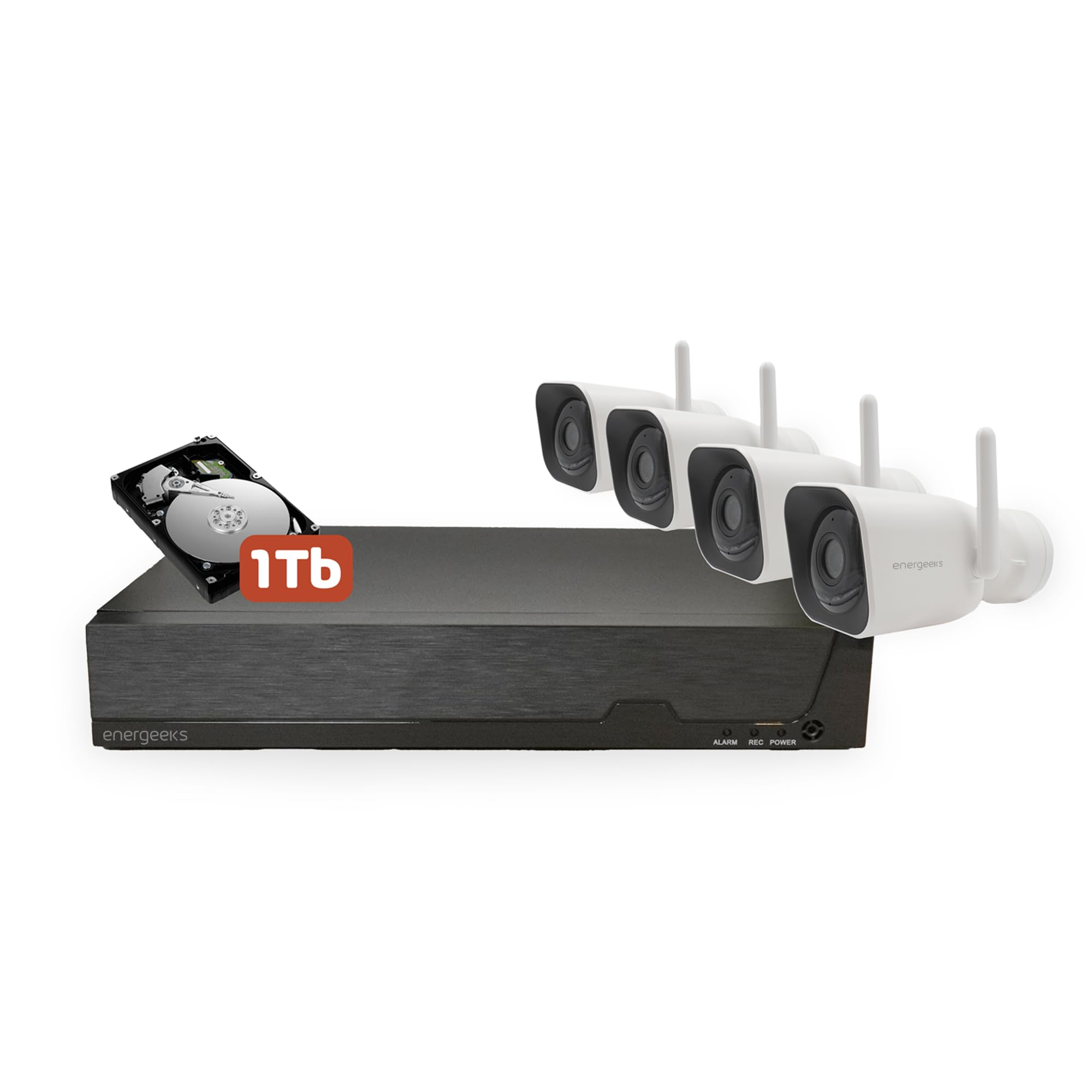 Energeeks - Grabador NVR - 4 Cámaras de Exterior Incluidas - 16 Canales - Disco Duro 1TB - Grabación 24/7 - Conexión RJ45 - Solo Compatibles con Cámaras de Seguridad con Protocolos ONVIF