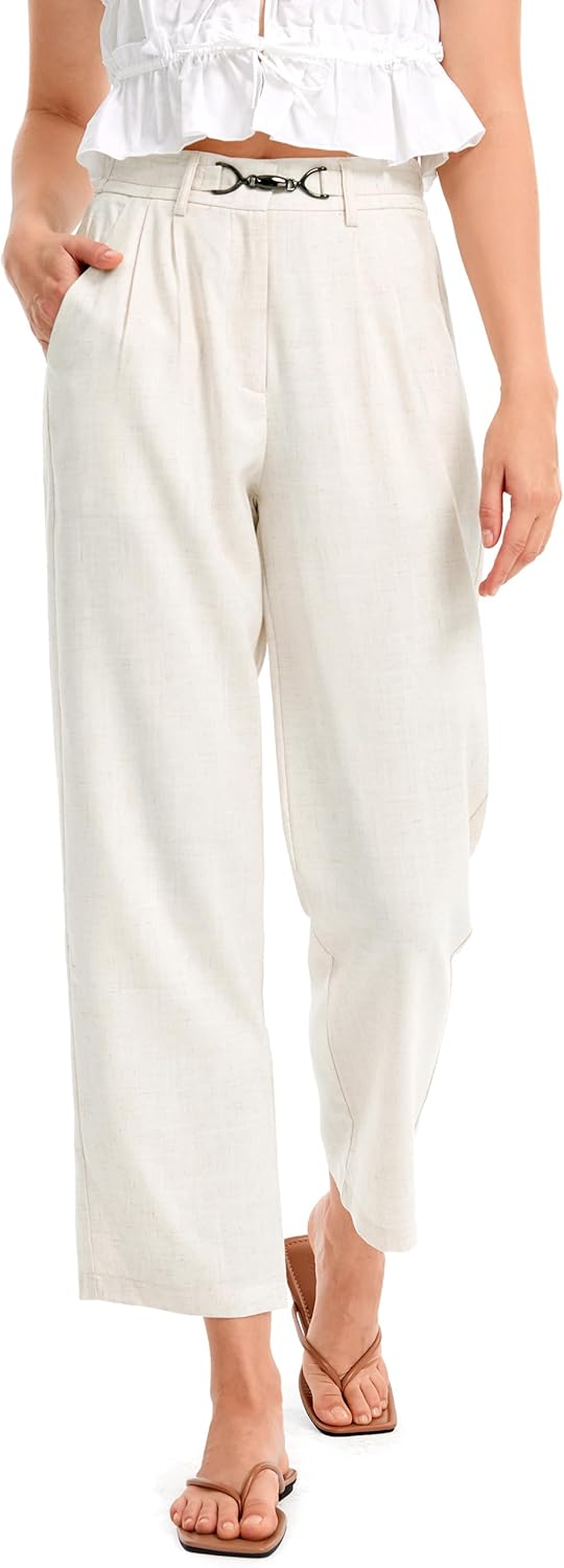 AFITNE Womens Linen Wide Leg Pants High Waist Casual Loose Palazzo Pants with Pockets Flowy Lounge Work Pants 28”