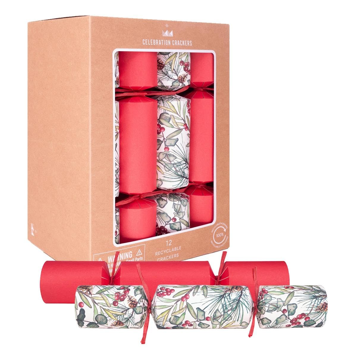 Celebration Crackers – 12 x 12-Inch Kraft Cube Eco Christmas Crackers – Christmas Sprig Mixed Design, FSC Certified, Reusable Metal Gifts, Recyclable Packaging