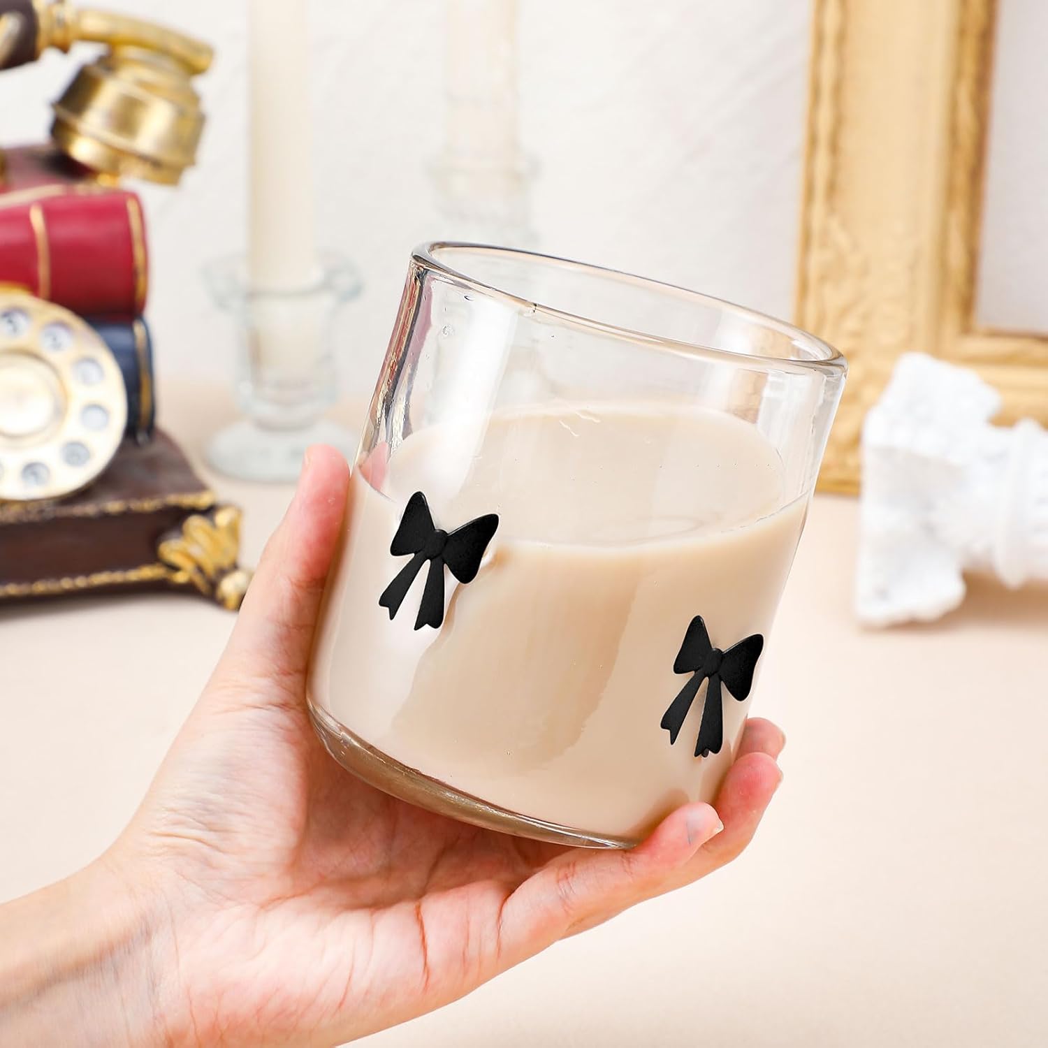 Skylety 2 Pack Bow Icon Juice Glasses, 14 oz Stemless Glass Cups, Coquette Black Bow Juice Cocktail Wine Coffee Drinking Cups for Gift Engagement Wedding Anniversary Valentines Present Party Supplies - Image 3