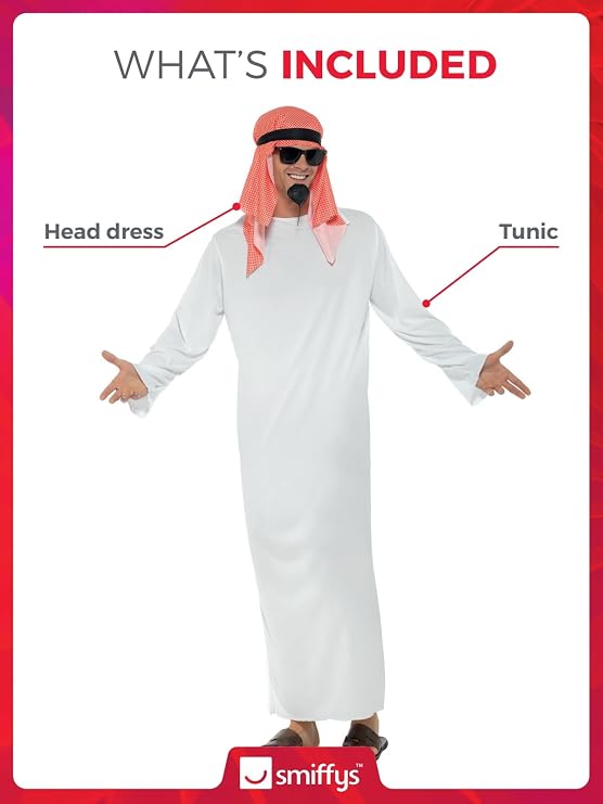 Smiffy's Men's Arab Costume with Long Tunic and Headdress, White L - US Size 42-44