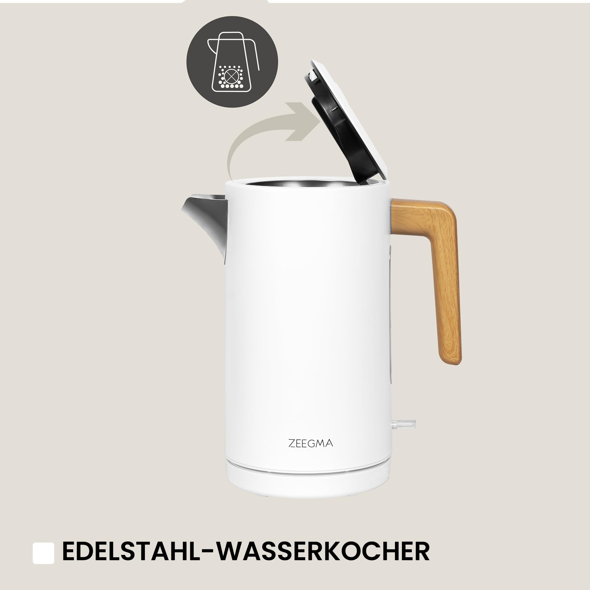 ZEEGMA KETLEE 1,7 L Kabelloser elektrischer Wasserkocher | für Tee und Kaffee, 2200 Watt, Wasserstandsanzeige, automatische Abschaltung, Edelstahl, Modernes elegantes Design (Schwarz)