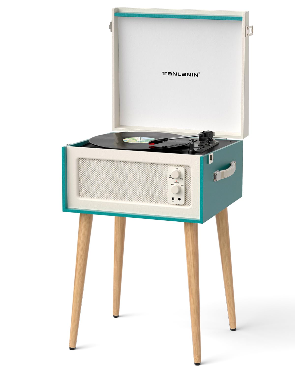 Record Player with Stand, 4 Speakers, Bluetooth Turntable, Teal