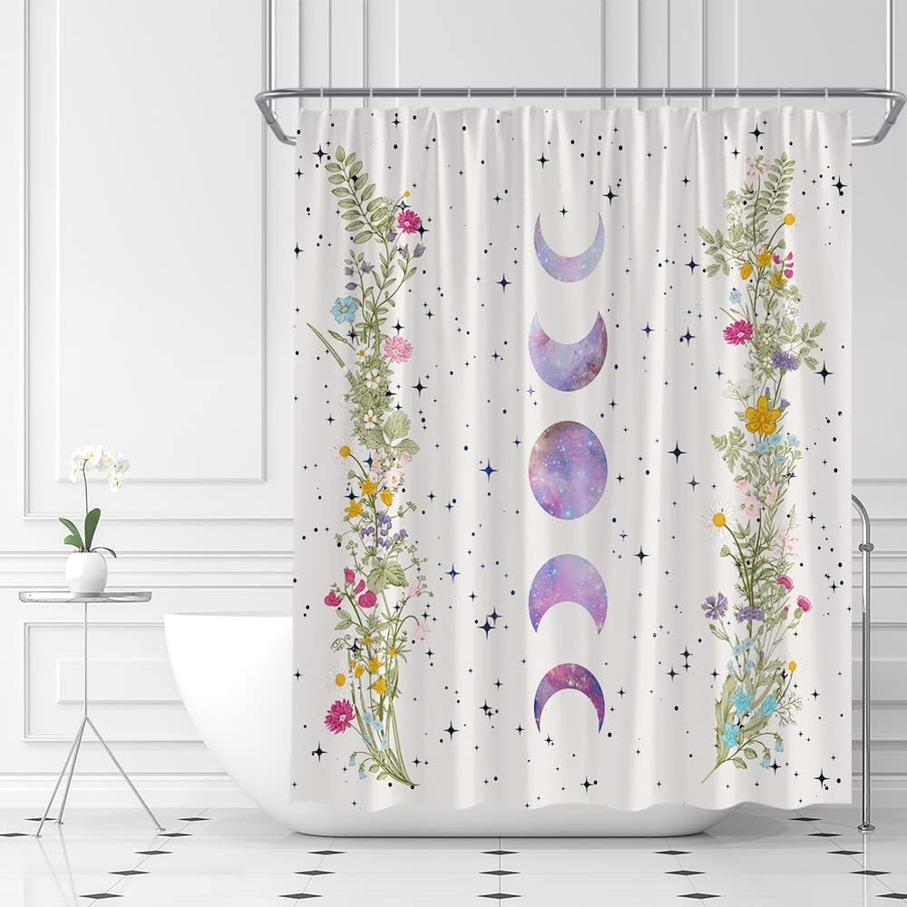 Moon Phase Shower Curtain Boho Floral Celestial Vintage Wildflower Plant Floral Herbs Beige Fabric Bathroom Decor Set with Hooks(70" Wx84 H)