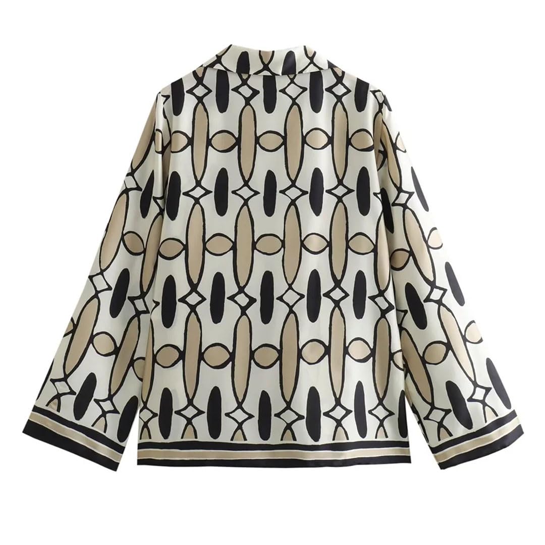 Primavera Donna Polo Collo Raso Texture Motivo Geometrico Stampato Camicia A Vita Alta Pantaloni Set