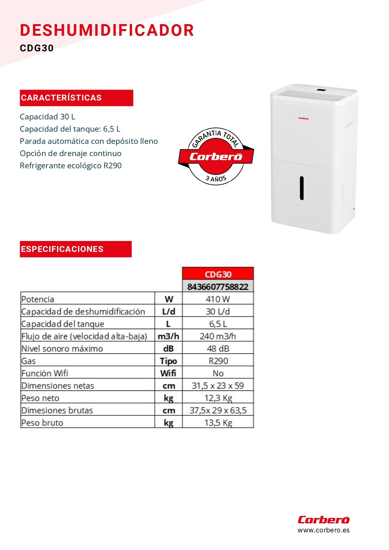 Osuszacz powietrza Corberó | CDG30 | Pojemność 30 l/dzień | Zbiornik 6,5 l | Ciągły drenaż | Automatyczne wyłączanie | ekologiczny czynnik chłodniczy R290 | Niskie zużycie energii | biały