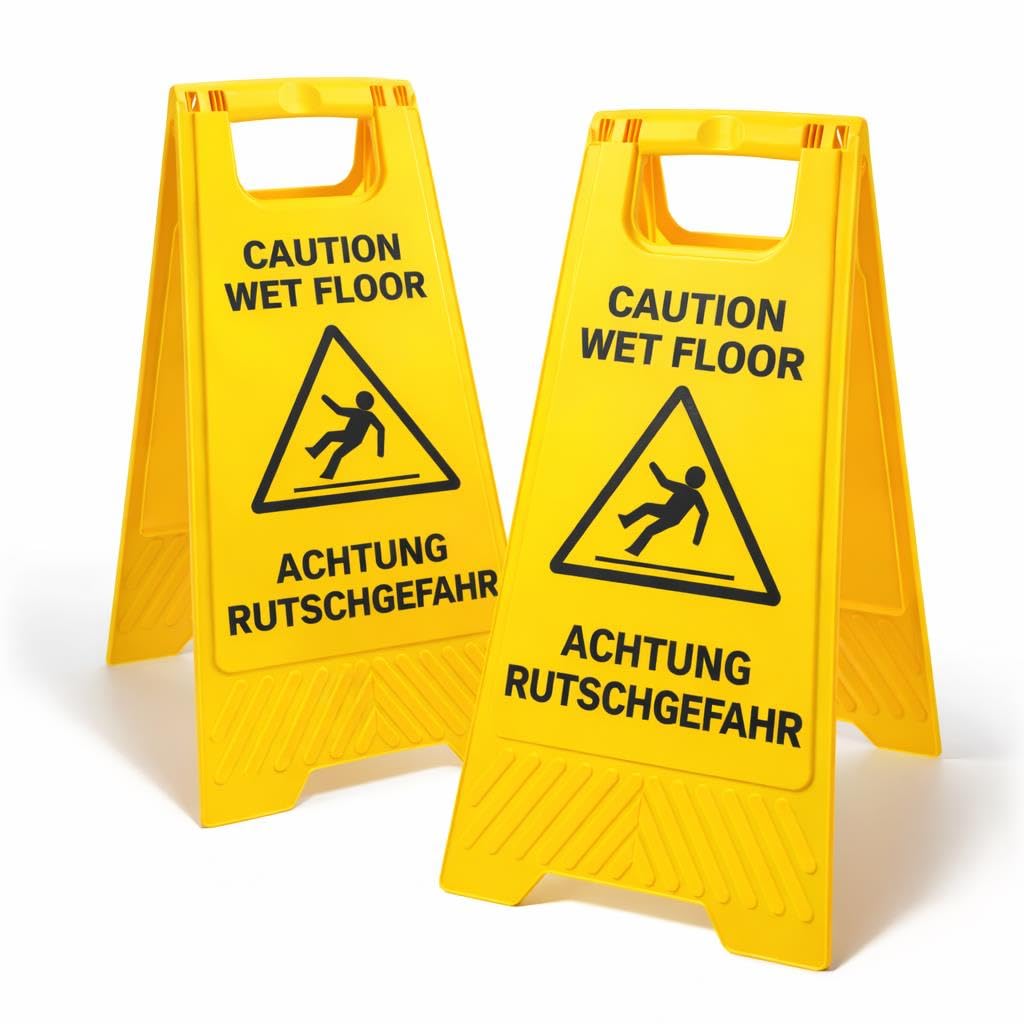 2 Stück Warnaufsteller Rutschgefahr bei Nässe – klappbares Warnschild 620x305mm zweisprachig DE/EN – Sicherheitsaufsteller für Reinigung, Büro & Gastronomie
