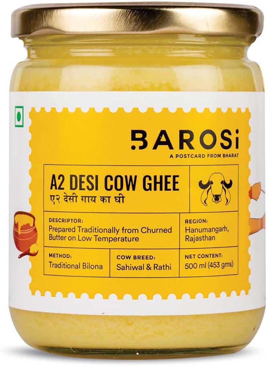 Barosi Premium A2 Cow Ghee 500 millilitre | A2 Danedar Desi Ghee | Churned from Curd with Bilona Method | Pure & Aromatic | Organic, Farm Made in Small Batches |Glass Jar Packing