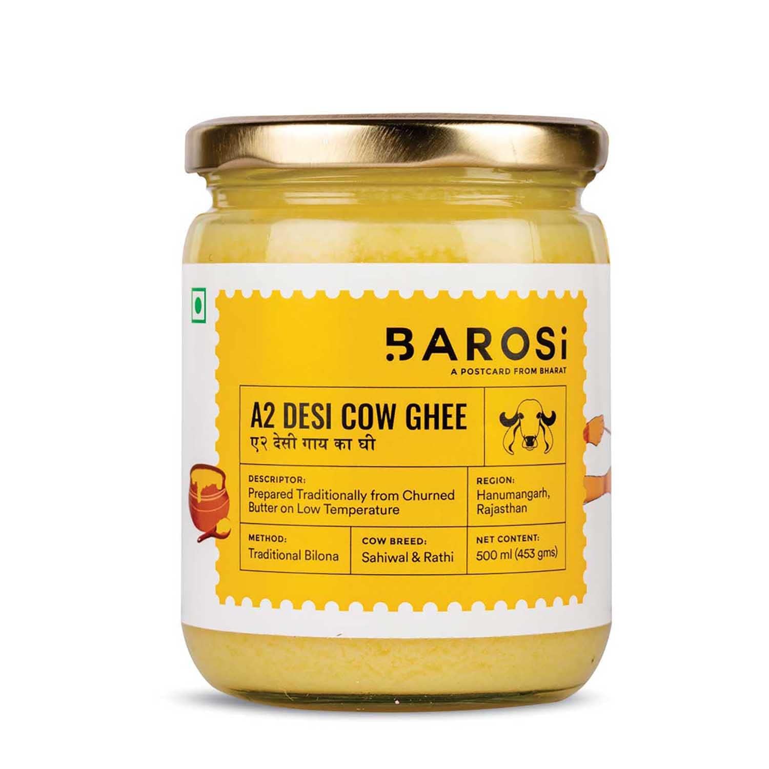 Barosi Premium A2 Cow Ghee 500 millilitre | A2 Danedar Desi Ghee | Churned from Curd with Bilona Method | Pure & Aromatic | Organic, Farm Made in Small Batches |Glass Jar Packing