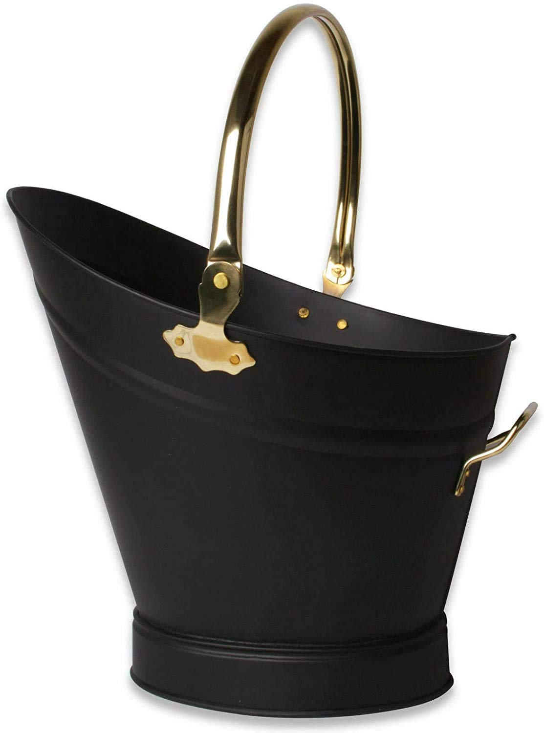 Srendi Black & Brass Heavy Duty Metal Fireside Waterloo Bucket Fireplace Hod Scuttle Coal Fuel Ash Wood Log Storage Option With Shovel And Poker (Black & Brass)