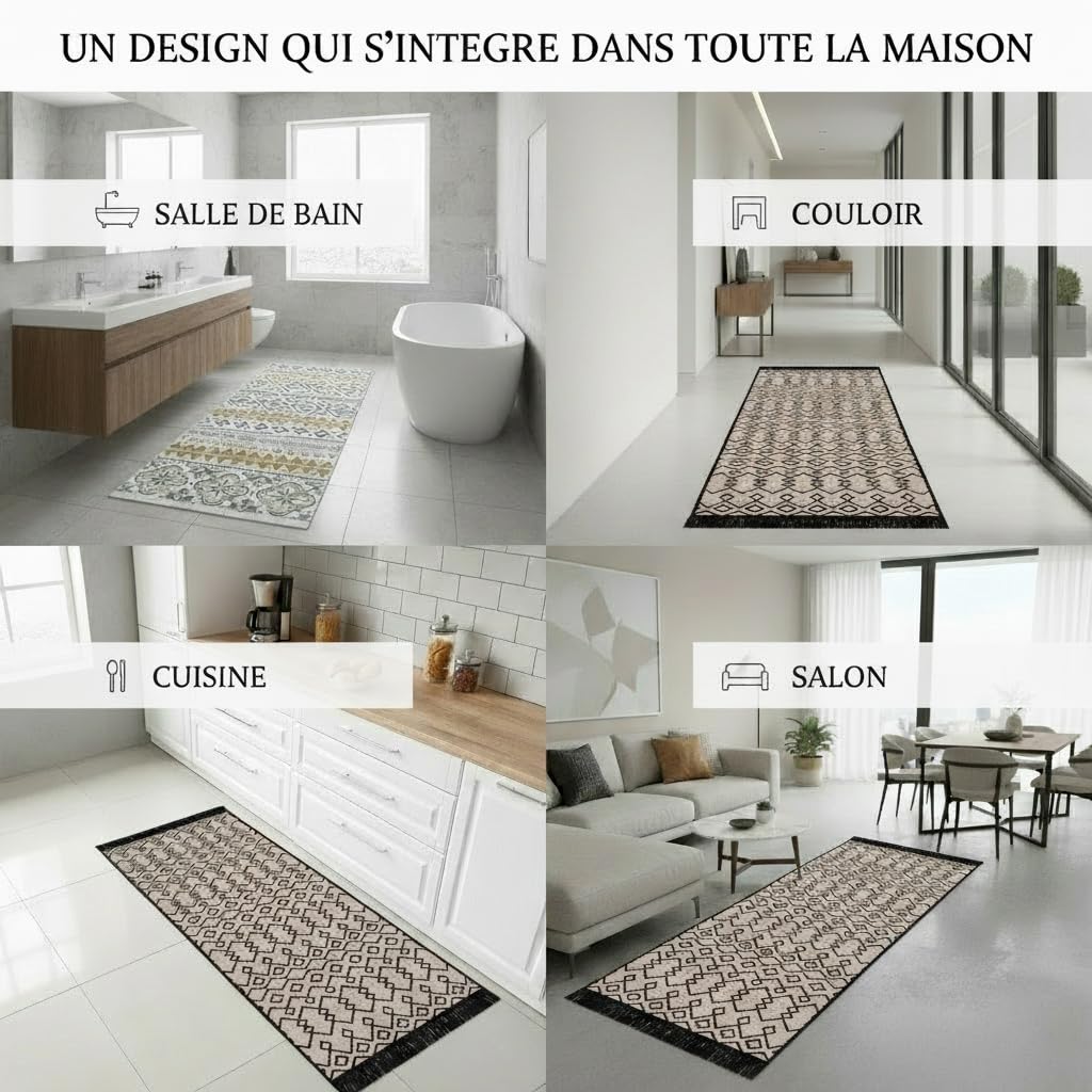 Jimri Tapis de Couloir - Tapis pour Salon, Chambre, Cuisine, Chambre d'enfant, Salle de Bain - Boho Kelim - Noir/Beige, 160 x 230 cm