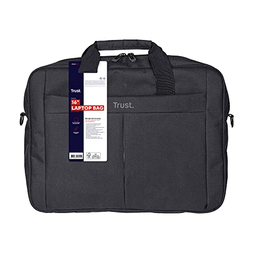 Trust Primo Sacoche pour Ordinateur Portable, Jusqu'à 16 avec 2 Poches de Rangement, Intérieur Rembourré, Sac Mince pour Voyage, Affaires, Travail, Collège - Noir