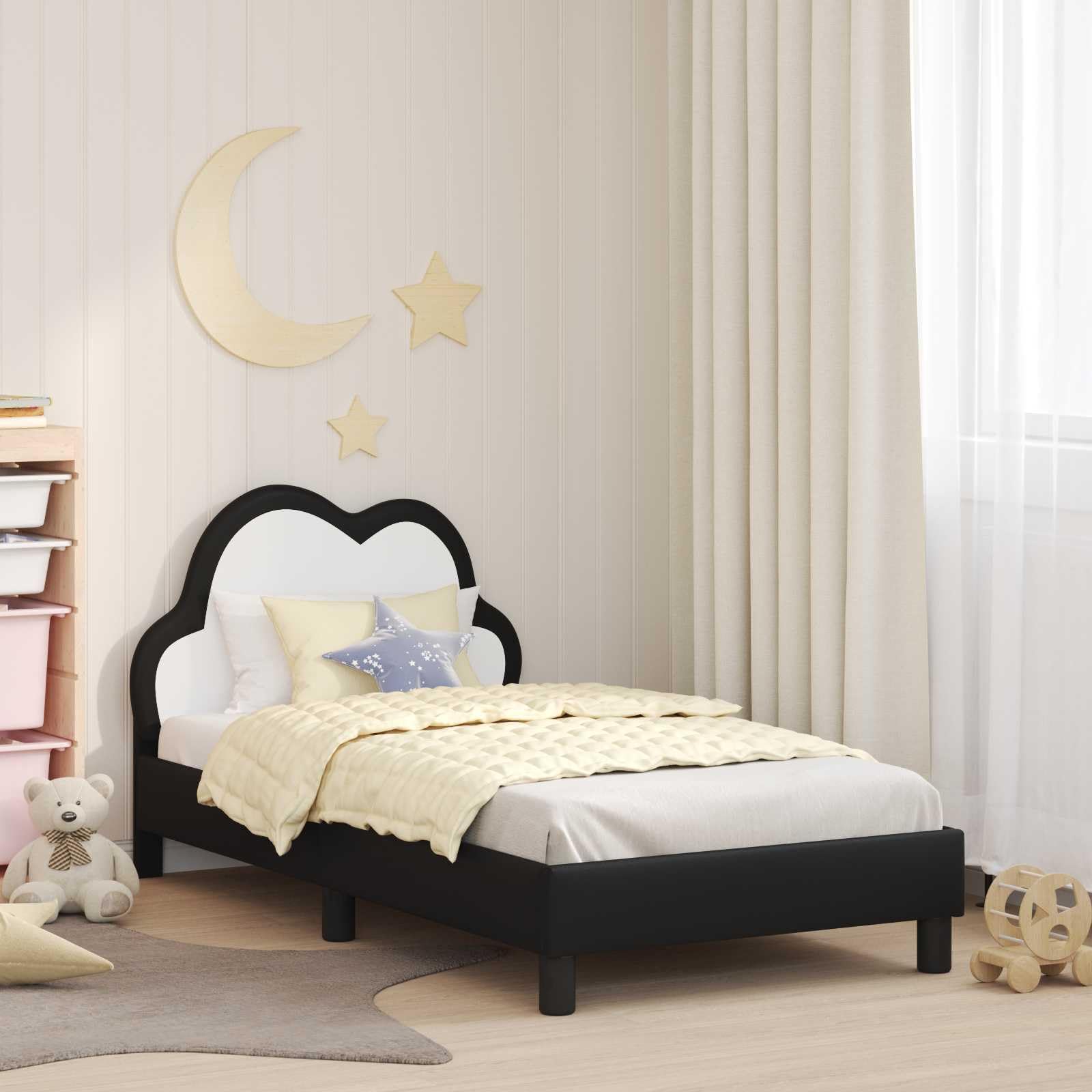 Marco de cama juvenil negro 80 x 160 cm con somier y bolsillos de almacenamiento, moderna cama individual para habitación de niños, habitación juvenil y espacios pequeños