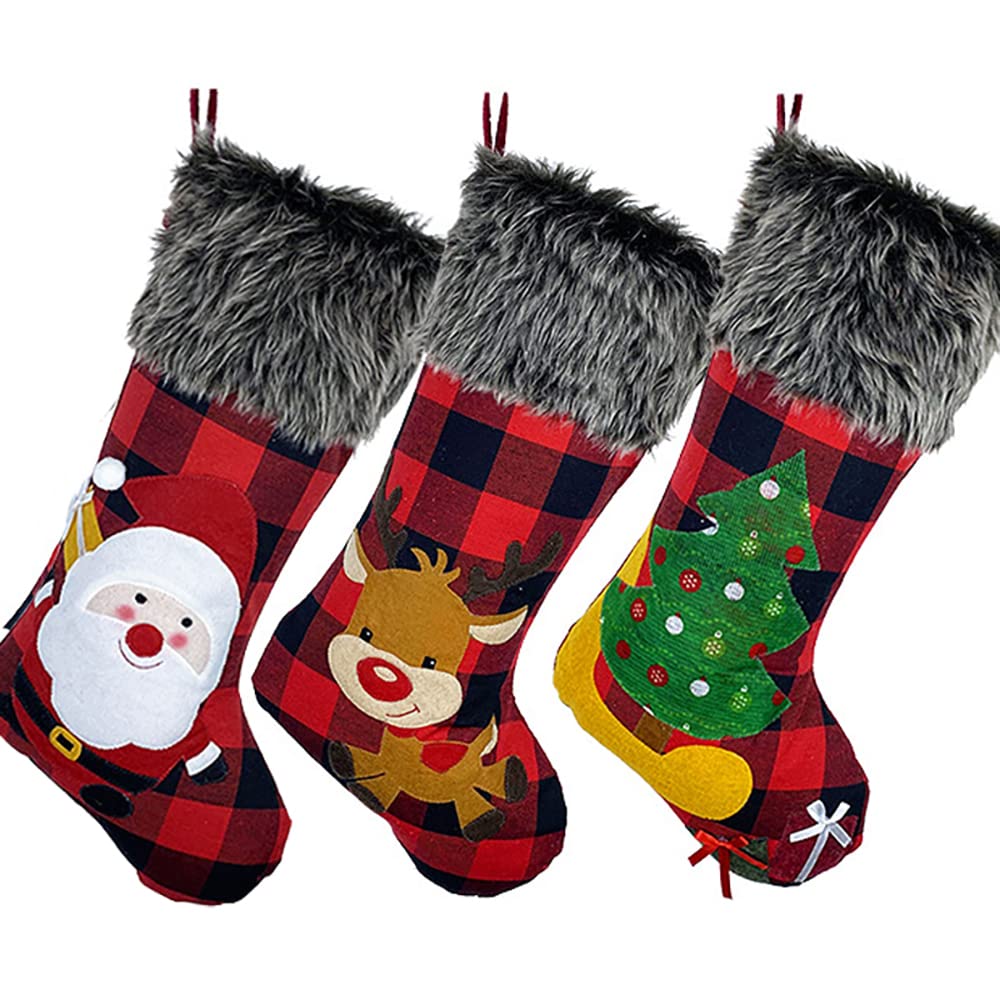 ORiTi Christmas Stockings 3pcs 47cm Large Xmas Stockings, Plaid Christmas Stockings with Large Plush Cuff Stockings Xmas Party Decorations for Fireplace, Xmas Tree, Hanging Ornaments Gift