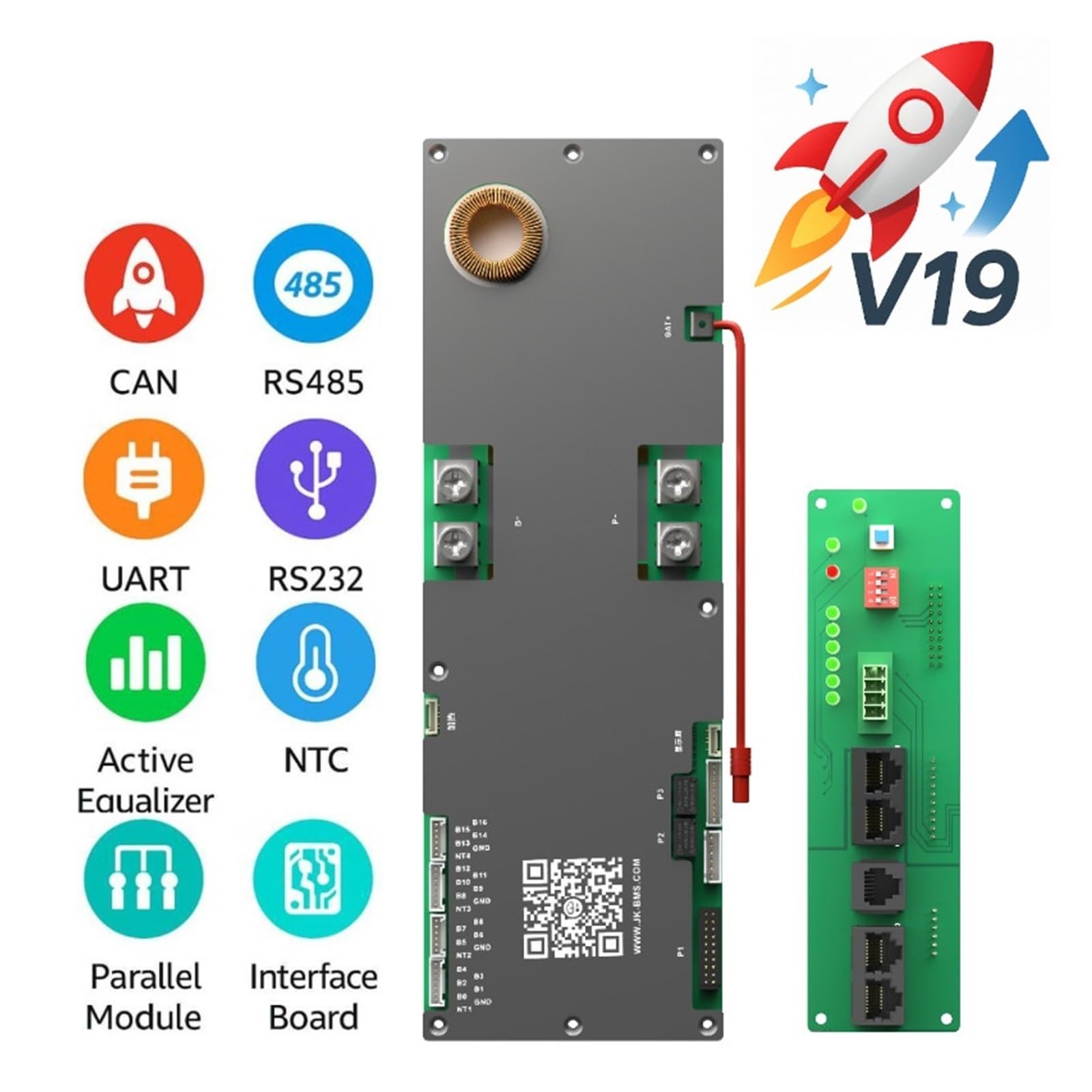V19 Smart BMS con LCD da 4,3 Pollici, Lifepo4 48v 200A, Inverter di accumulo con bilanciamento Attivo 8S-16S BMS for Batteria agli ioni di Litio 200AH(JK-PB2A16S30P-V19)