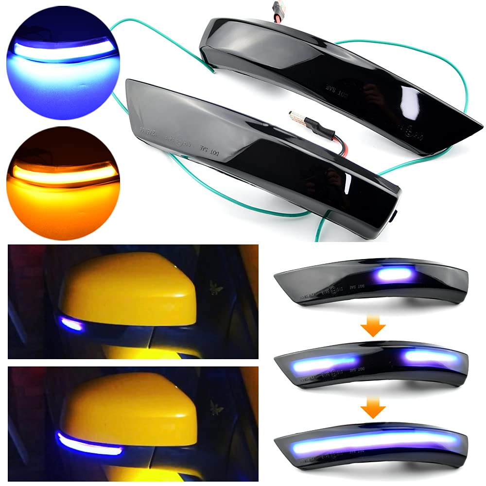 QKLsudua 2pcs Dynamic Sequential Blink Compatible with Fo-rd Fo-cus 2 MK2 Fo-cus 3 MK3 3.5, compatible with Mon-deo MK4 LED Side Mirror Turn Signal Light Assembly-Blue and Yellow