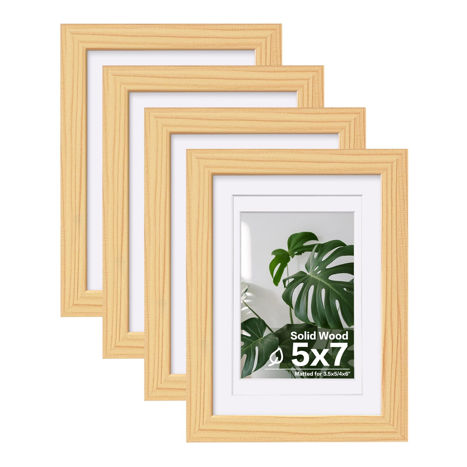 Egofine 5x7 Picture Frames Natural Wood Frames with Plexiglass, Display Pictures 3.5x5/4x6 with Mat or 5x7 Without Mat Set of 4 for Tabletop and Wall