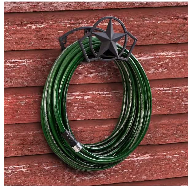 Star Design Garden Hose Holder, Black Metal, 125 ft Capacity, Wall Mount Hose Storage