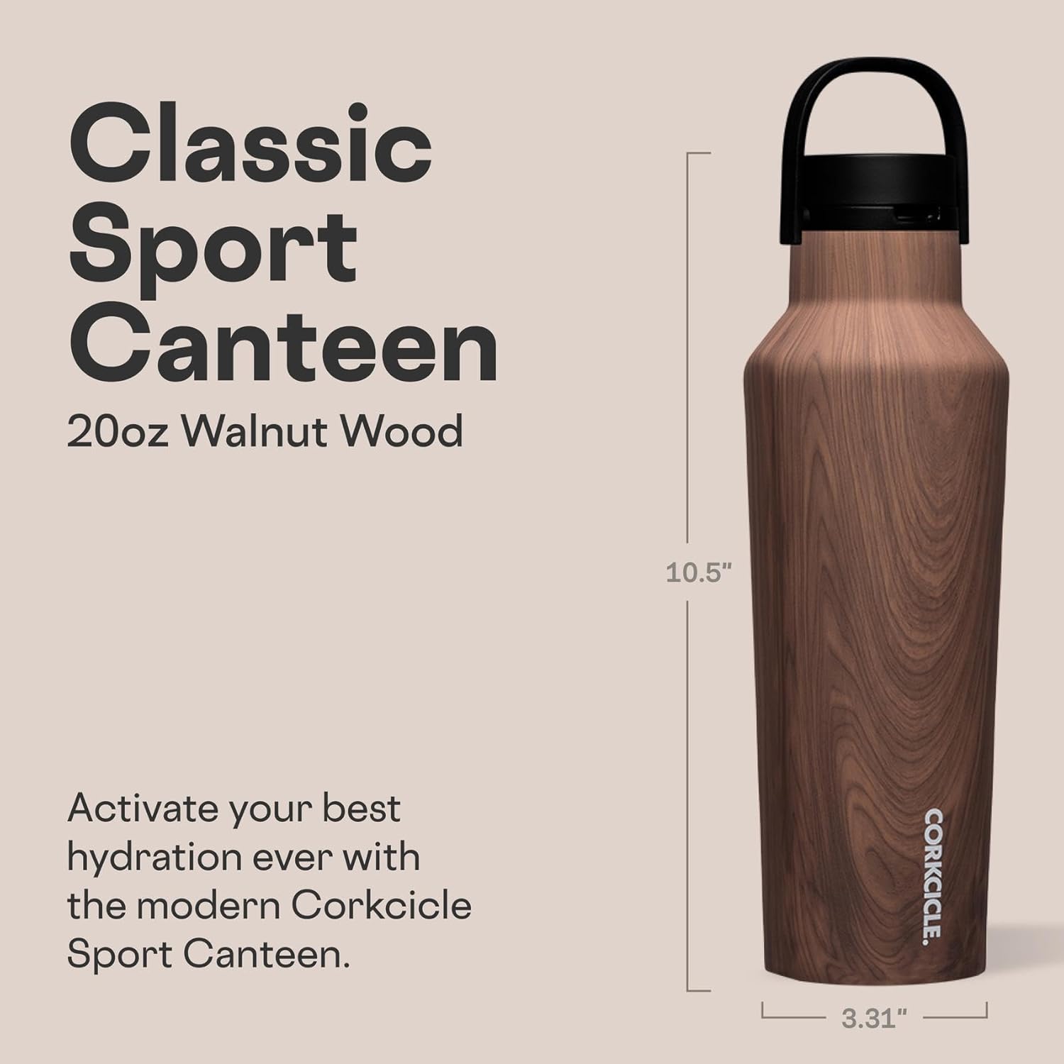 Corkcicle Sport Canteen - Keeps Drinks Cold 25 Hours - Stainless Steel Water Bottle - Triple-Insulated - Spill-Proof - Summer Drinkware Gift - Keeps Drinks Ice Cold - 20 oz - Walnut Wood - Image 2