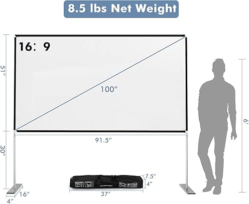 Miniatura 4 de Tangkula Pantalla de proyector de 100 pulgadas con soporte, pantalla de proyección frontal y trasera portátil 169 HD 4K sin arrugas, pantalla de