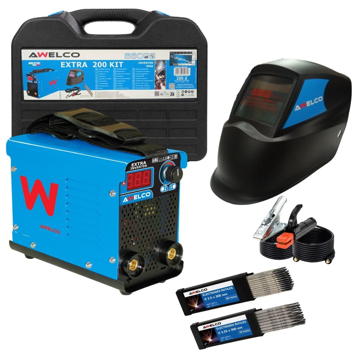 AWELCO – Kit soldador 200A Inverter MMA IGBT + Máscara de soldadura + 65 electrodos rutilos: Ø2,5 x 300 / Ø3,25 x 300 mm