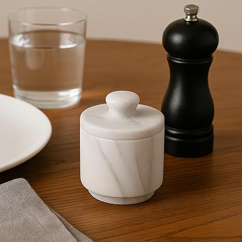Miniatura 5 de Creative Home Sal de mármol natural para bodega, 3 pulgadas de diámetro x 3.3 pulgadas de alto, recipiente de sal y especias tallado a mano para