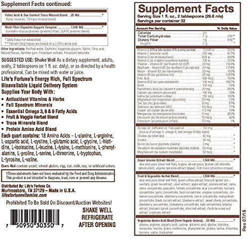 Life's Fortune Whole Food Multivitamin Liquid, Natural Energy Source, Full Spectrum of Vitamins, Minerals, Antioxidants, Amino Acids, Enzymes, Superfood Greens, Fruits, Veggies & More, 32 Fluid Ounces - Image 3