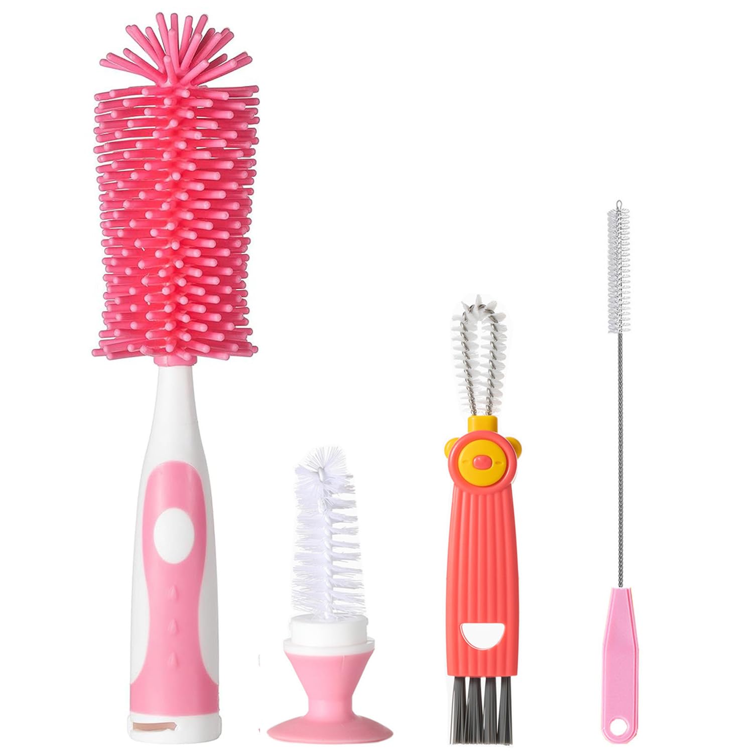 Silicone Bottle Brush Set, 4-in-1 Baby Bottle Cleaning Brush with Suction Cup Base, Includes Teat Brush, Straw Cleaner & Detail Brush, BPA-Free Water Bottle Brush for Flasks, Tumblers & Cups (Pink)