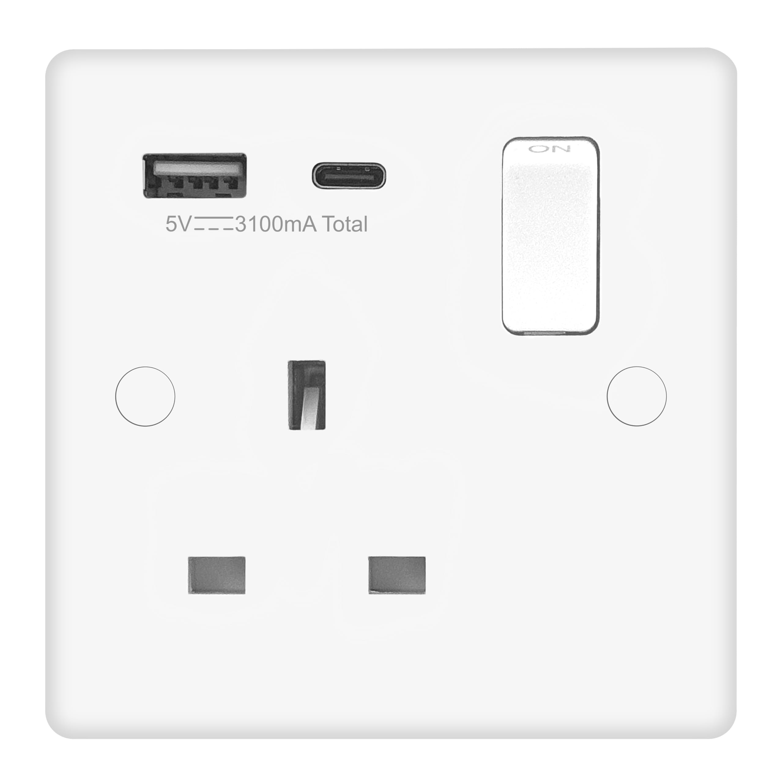 EVOGES Vector 13A 1 Gang Double Pole Switched Socket with USB A & C – White Gloss, Built-In USB Wall Charger, Includes Fixing Screws & Screw Caps
