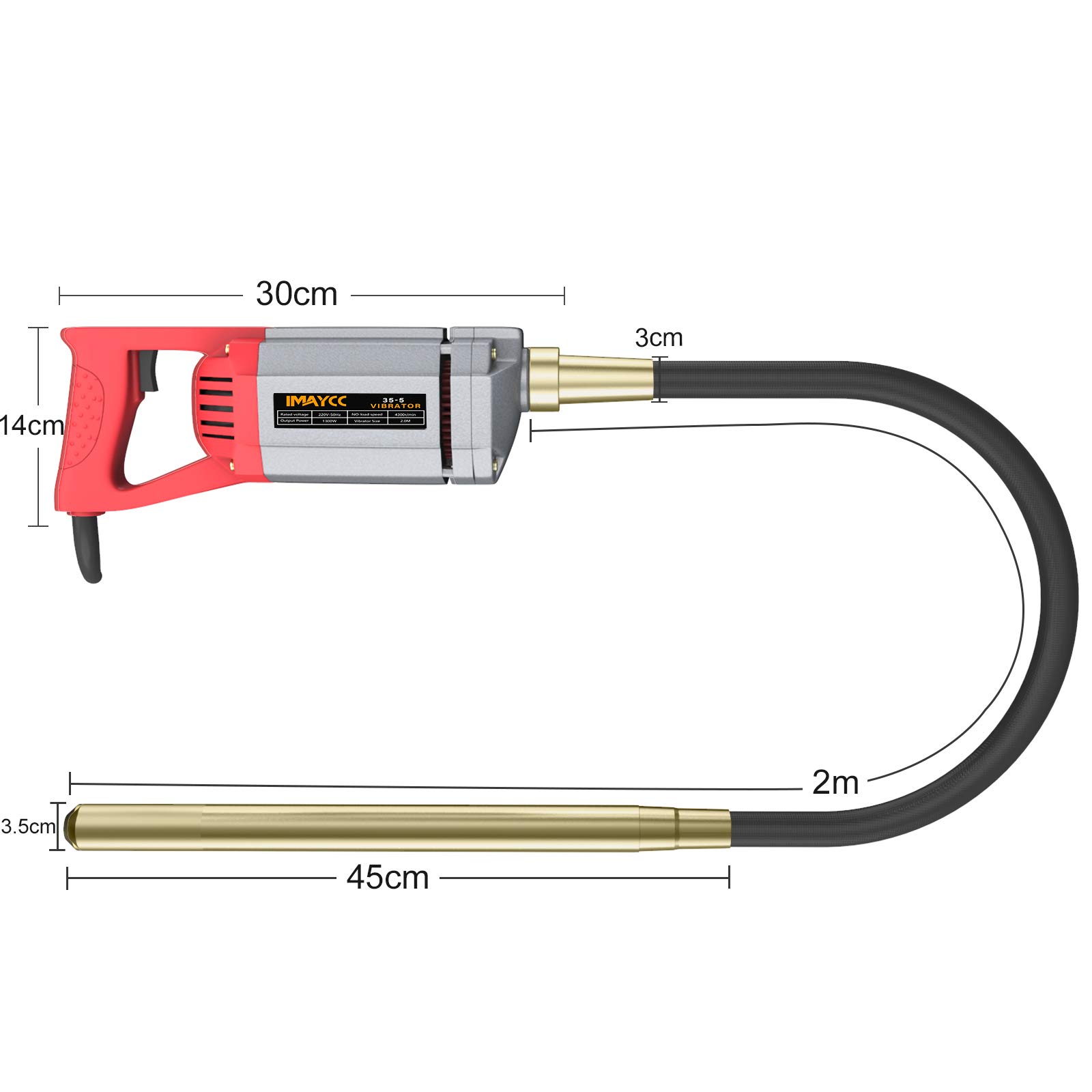 IMAYCC Vibrateur en Béton 1300W 4300 tr/min Tige 2M Arbre 35mm