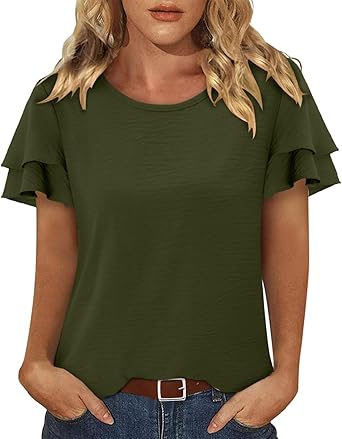 CRAZY GRID Women's Shirts Summer Casual Crewneck Ruffle Short Sleeve Blouses Cute Floral Print Tunic Tops