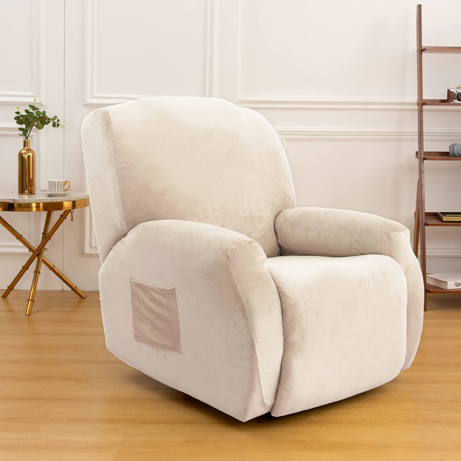 Topchances Velvet Stretch Recliner Cover - Super Soft Single Seat Slipcover with Side Pocket for Furniture Protection (Beige Yellow) - Image 4