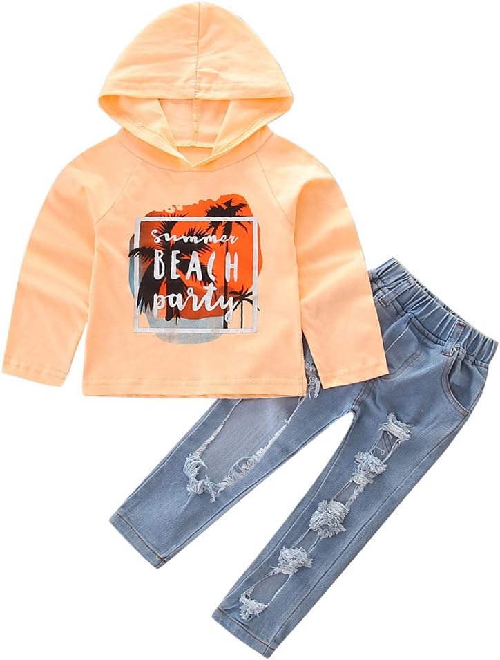 1-7T Little Girls Kids Orange Hoodie Top + Hole Jeans Clothing Set Summer Outfits