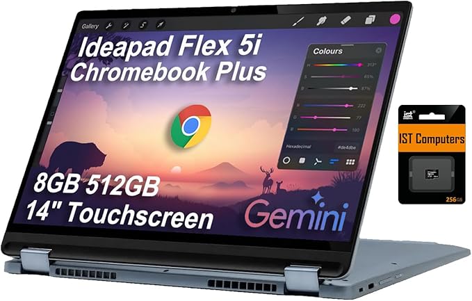 Lenovo IdeaPad Flex 5i Chromebook Plus - Computer portatile 2 in 1 (touchscreen FHD+ da 14", Intel 6-Core i3-1315U, 8 GB di RAM, 512 GB di memoria (256 GB + 256 GB IST SD)) Business, casa, studenti